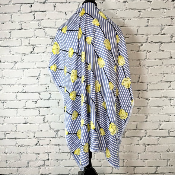 💸Sold💸 Talbots 100% Silk Scarf Crisp Tulip Floral Blue Yellow Striped - Picture 2 of 11